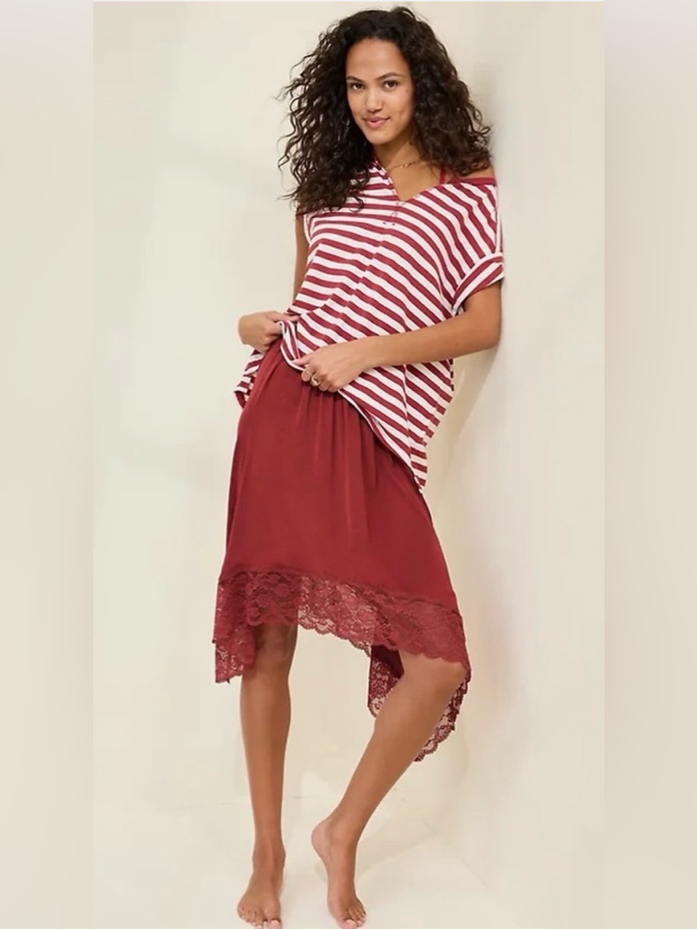 Aerie Red Midi Skirt with Lace Trim NWT Medium